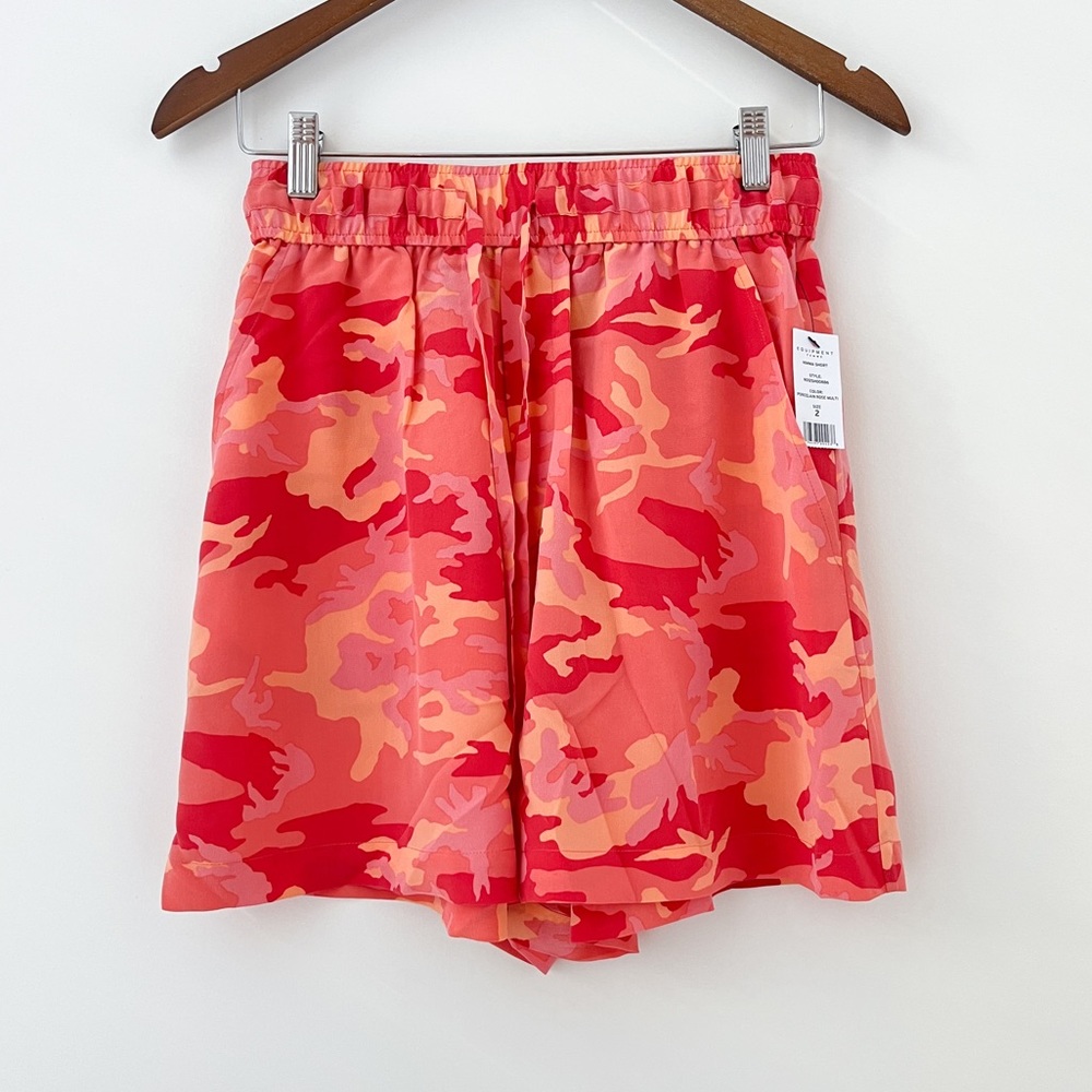 NWT Equipment Nimma camouflage-print washed-silk orange red pink shorts 2